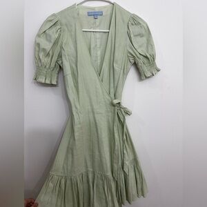 ANTONIO MELANI Green Wrap Midi Dress with Puff Sleeves